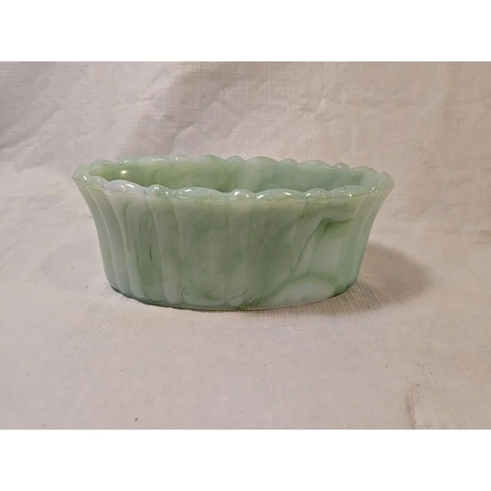 Vintage Akro Agate Green Slag Glass Dish Planter